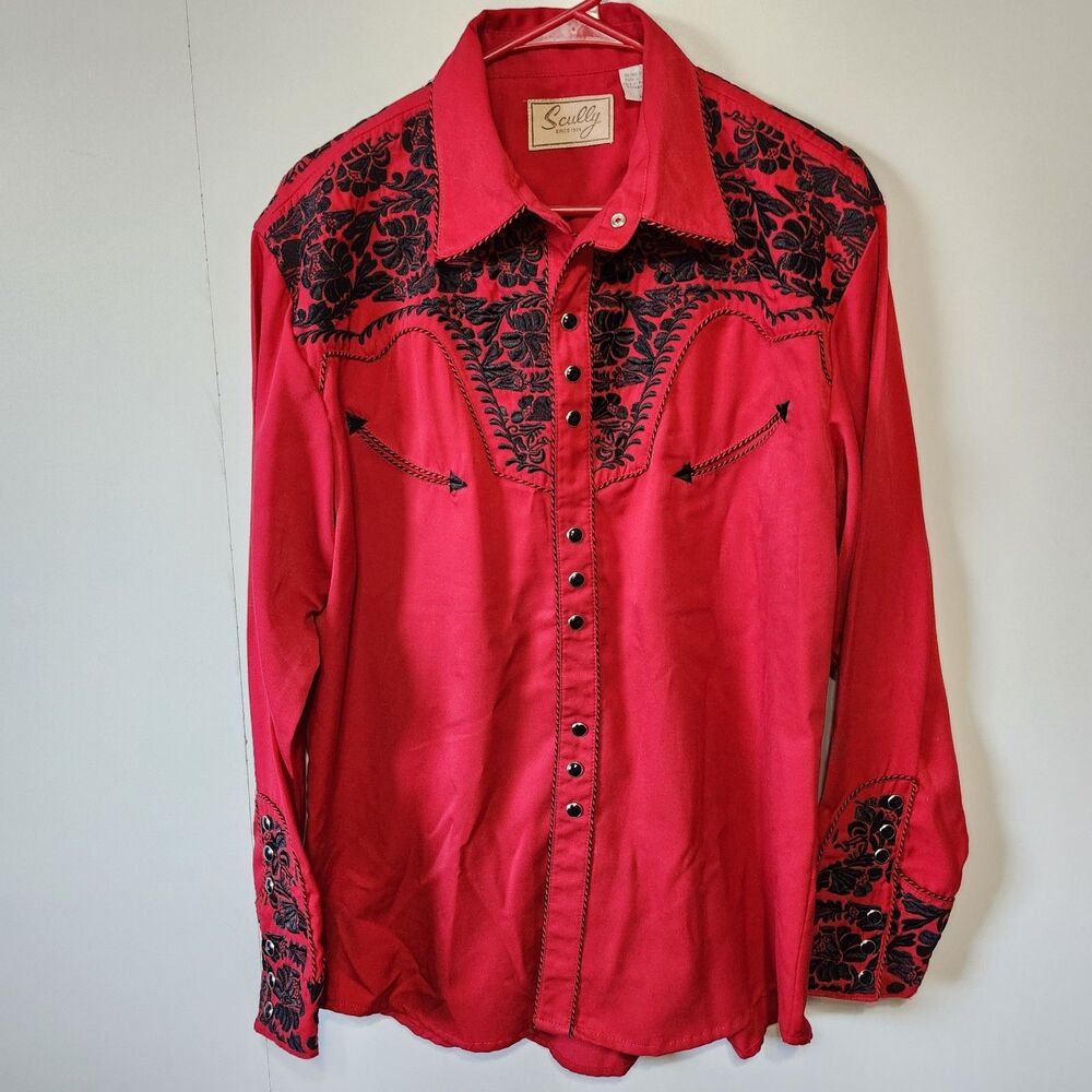 Scully Legends Red Western Embroidered Snap Shirt Mens Medium Vintage Floral